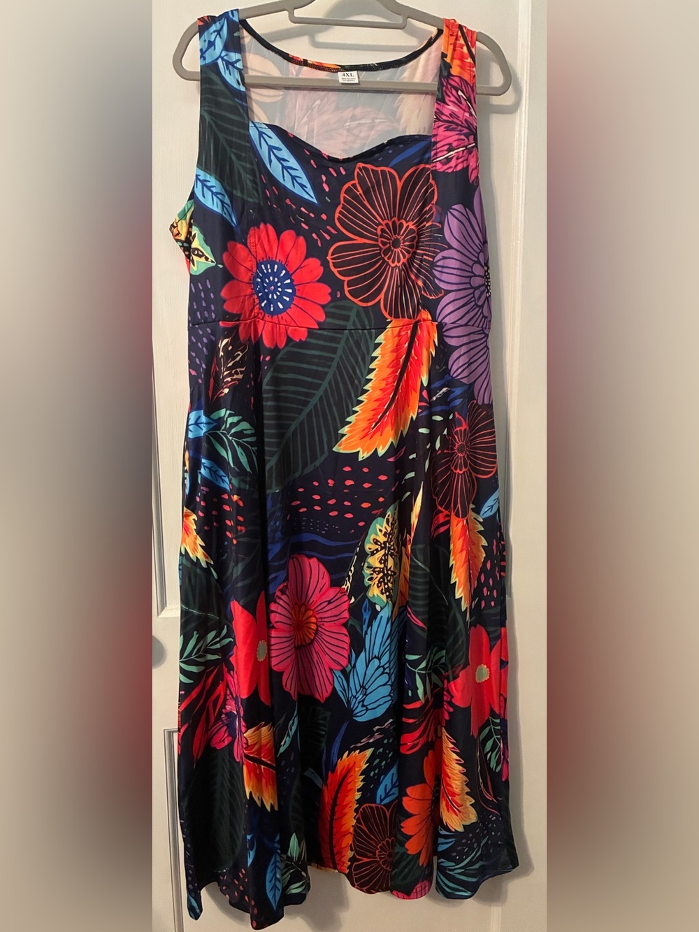 Floral Navy Midi Dress with Bright Multicolor Blooms - Bustani - 4XL